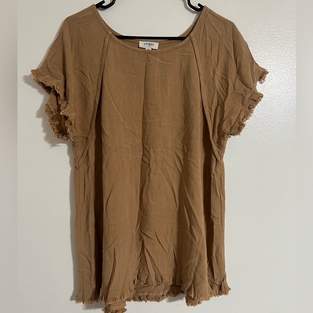 Umgee Medium Boho Linen Cotton Blend Laura High Low Fringe Trim Tee Blouse Top